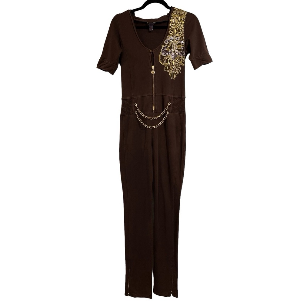 Dereon by Beyonce Jumpsuit Brown Gold Embroidered Hooded Size M‎ Y2K 90s Hip Hop